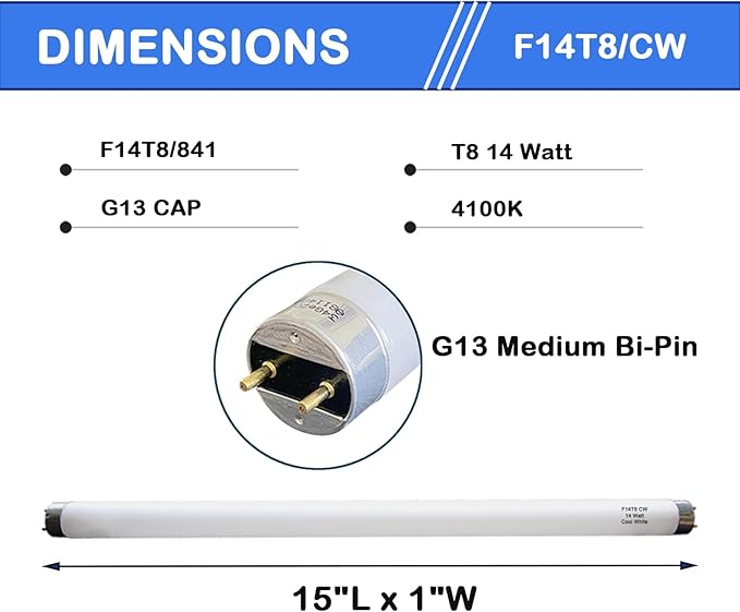Valoisa 4Pack F14T8/CW 14W 15 Inch T8 4100K Linear Fluorescent Light Bulb,14 Watts, G13 Medium Base,T8 Tube,14 3/4" MOL,1" Dia,4100K Cool White