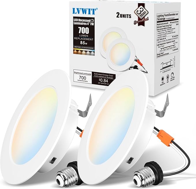 LVWIT LED Recessed Light 4Inch, 5CCT Can Lighting with White Cover, Color Selectable Dimmable Downlight with E26 Conversion Kit, 2 Pack