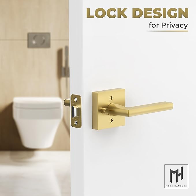 Mega Handles Prime Privacy Lever Door Handle for Hallway, Closet and Bathroom, Keyless Design Door Levers, Fits All Standard Door Sizes, Exposed Screws Included - Satin Brass (1 Pack), 4.29"