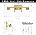 Brushed Gold Bathroom Light Fixtures, 3-Light Modern Vanity Light Over Mirror, Wall Sconces with Milky White Frosted Glass Shades, E26 Socket (Bulbs Not Included)