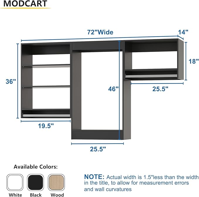 Modular Closet System, 72" Wide Closet Organizer System with Hanging Shelving , Wood Tower Closet Storage for Walk In Closets, Wall Mounted Wardrobe Organizer Kit System, Bedroom, Black