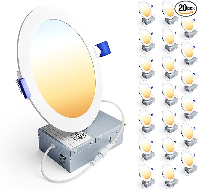 Ensenior 20 Pack 6 Inch LED Recessed Light, Dimmable, 2700K-5000K 5CCT, 1200LM High Brightness, 12W 120V, Damp Rated, Ultra-Thin Canless Wafer Ceiling Light - ETL & FCC & IC