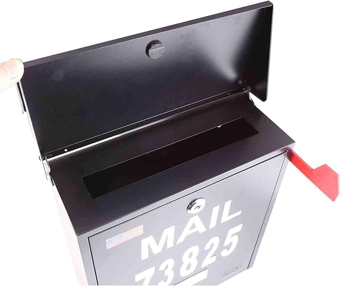 Wall Mount Locking Mailbox - Black Large Capacity Security Mailbox - Waterproof Stainless Steel Vertical Drop Mail Box Outdoor with Key