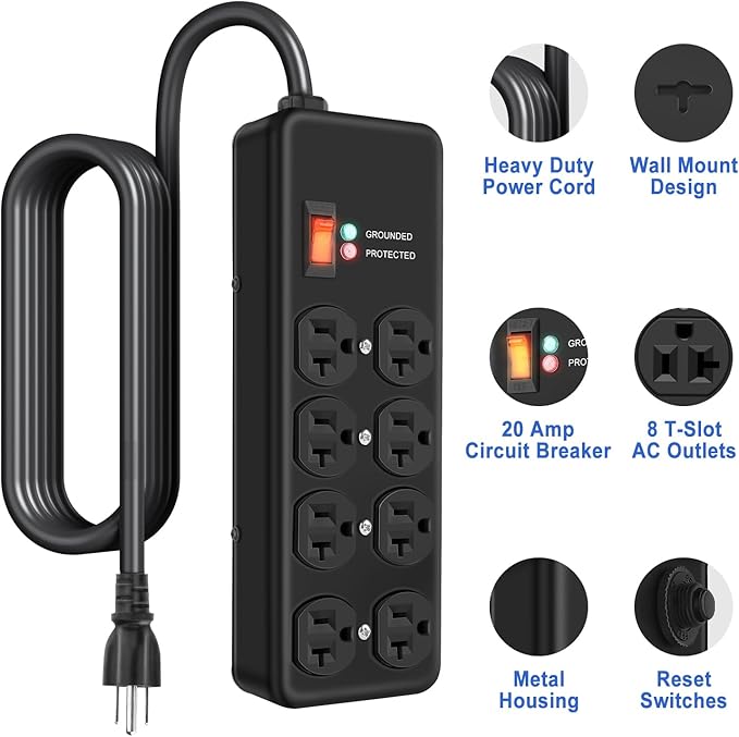 20Amp Power Strip Surge Protector, Durable Metal 8-Outlet with Heavy Duty 20 Amp 6Ft 12 Gauge Extension Cord, for Garage, Workshop & Industrial Use with 6-20R T-Slot Outlets, 4800J
