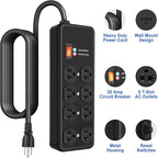 20Amp Power Strip Surge Protector, Durable Metal 8-Outlet with Heavy Duty 20 Amp 6Ft 12 Gauge Extension Cord, for Garage, Workshop & Industrial Use with 6-20R T-Slot Outlets, 4800J