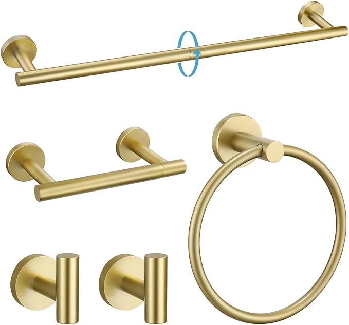 TURS Brushed Gold 5 Piece Bathroom Hardware Set, SUS304 Stainless Steel Bath Towel Bar Set, 23.6 Inch Round Bathroom Accessories Kit Wall Mounted