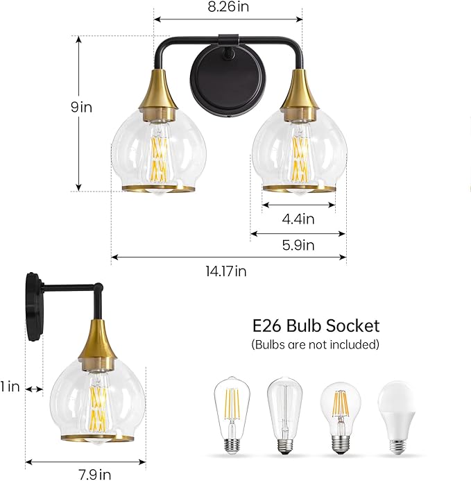 Black and Gold Bathroom Light Fixtures 2-Lights Vanity Lights with Clear Glass Shade Bathroom Vanity Light 14 Inch Wall Sconces(Exclude E26 Bulb)…