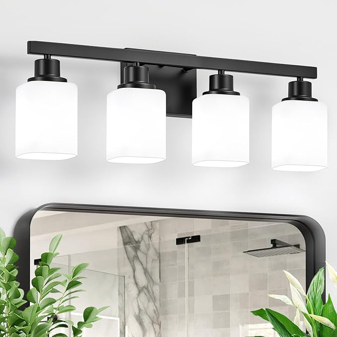 4-Light Bathroom Vanity Light, Modern Matte Black Bathroom Light Fixtures with Square Frosted Glass, Wall Sconces fixtures Over Mirror Restroom,Living Room Hallway E26