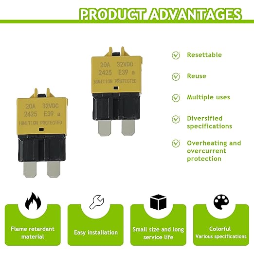20A DC 12V-32V Manual Reset Circuit Breaker ATC/ATO Low Profile T3 Mini Blade Fuses Breakers for Car Trucks Marine Boat RV Solar and More,2 Pack