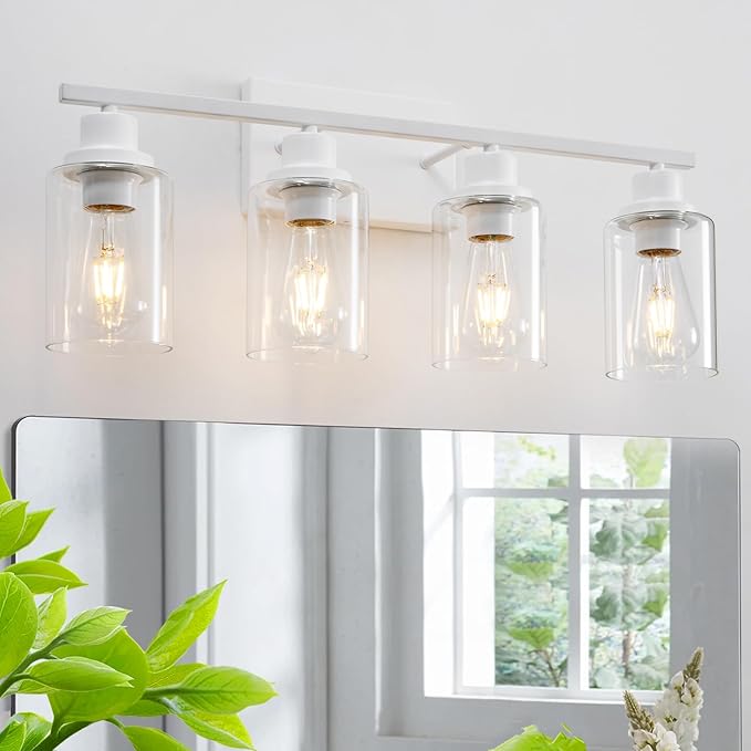 4 Light White Bathroom Light Fixtures Vanity Light Over Mirror Modern Wall Lighting Sconces Rustic Industrial Wall Lamp for Bathroom, Bedroom, Living Room E26 Socket with Glass Shade