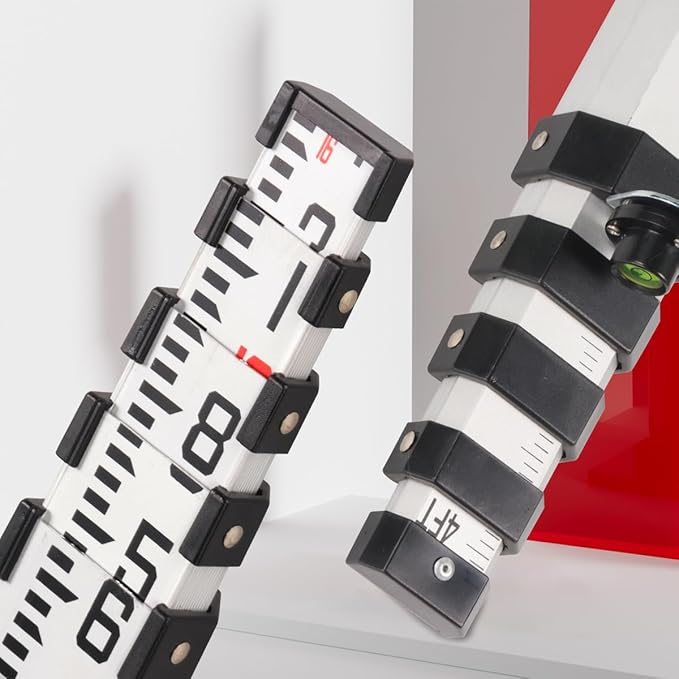 16-Foot Aluminum Grade Rod - 10ths Double-Sided Scale, 5-Section Telescopic Leveling Rod with Bubble Level & Carrying Case for Surveying, Laser Alignment, Walls, Floors