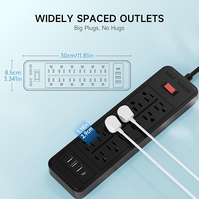 Surge Protector Power Strip, ETL Listed, 12 Widely-Spaced Outlets Expansion with 4 USB Ports (1 USB C Port), Low-Profile Flat Plug, Wall Mountable, 5ft Extension Cord, Heavy Duty, 5FT