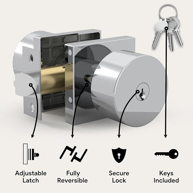 Mega Handles SUANA Entrance Door Knob for Entrance, Bedroom and Bathroom, Reversible Heavy Duty Design Door Knobs, Fits All Standard Door Sizes, Screws Included - Polished Chrome (1 Pack)
