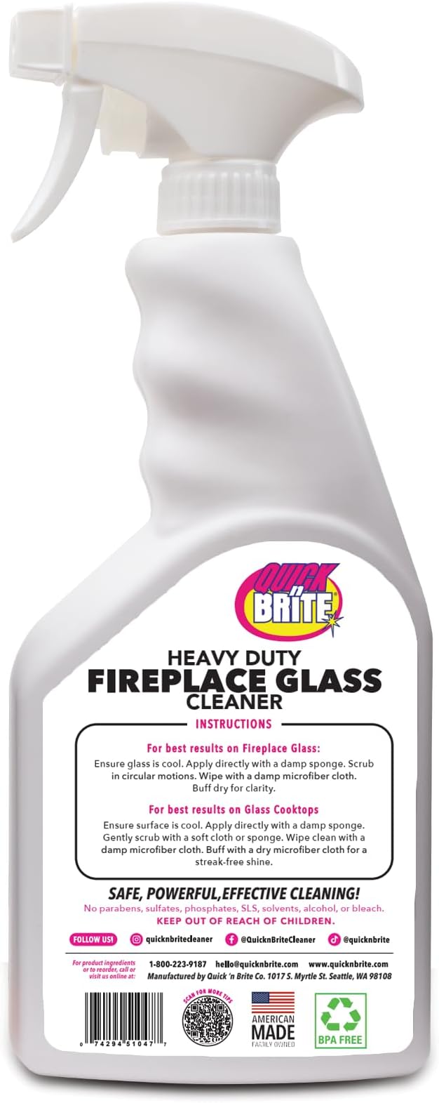 Quick 'n Brite Fireplace Glass Cleaner 24oz, Nonabrasive Cleaning Spray for Oven, Cooktops, Ceramic-Glass, Microwave Glass (Pack of 2)