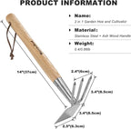 Berry&Bird 2IN1 Hand Tools Hoe and Cultivator, Stainless Steel Garden Hand Tiller and Pickaxes with Wooden Handle, 14''Weeding Hoes for Digging, Loosening Soil, Cultivating, Planting and Farming Tool
