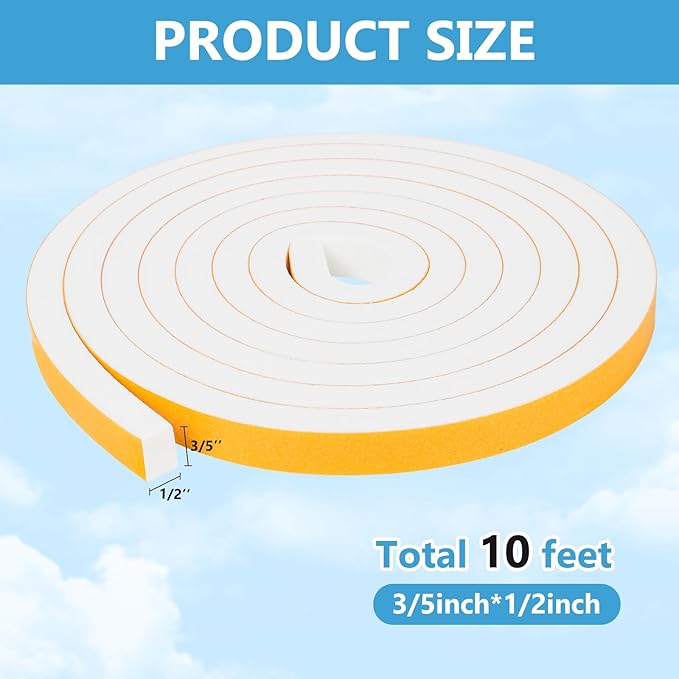 Weather Stripping Door Seal Strip (3/5 Inch X 1/2 Inch X 10Feet), Strong Adhesive, Lightproof, Soundproof, Weatherproof Foam Tape Insulation for Sliding Door, Front Door Frame, Windows- White