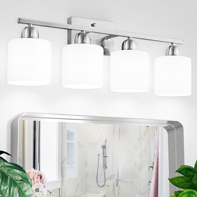 4 Light Bathroom Light Fixtures, Brushed Nickel Vanity Lights for Bathroom with Milky White Frosted Glass Shade, Wall Lights for Mirror Bedroom Living Room E26 Base