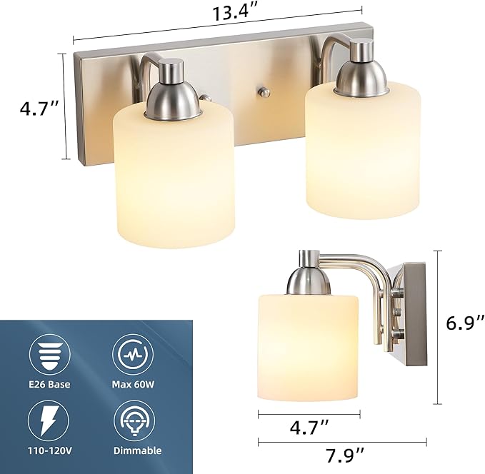 Stainless Steel Milk Glass Vanity Lights for Bathroom, 2 Light Brushed Nickel Bathroom Light Fixtures Over Mirror, Ceramic E26 Sockets Wall Mounted
