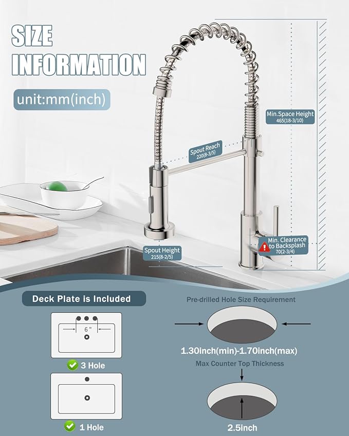 Kitchen Faucet, Commercial Kitchen Sink Faucets with Pull Down Sprayer, Stainless Steel Faucets for Kitchen Sinks, Dual Function Spray Head, Single Handle Spring Kitchen Faucets -Brushed Nickel