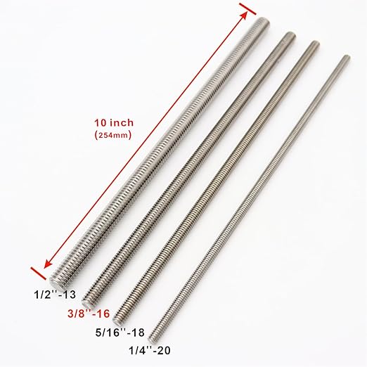 3/8"-16 Fully Threaded Rod Studs 2 Pack 10" Long Threaded Screw 304 Stainless Steel Right Hand Threads All Threaded Rod Studs for Anchor Bolts Clamps Hangers U-Bolts