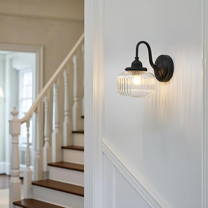 Vintage Gooseneck Wall Sconce 1-Light with Clear Striped Glass Globe Shade Indoor Hardwired Wall Mounted Lamp Fixture