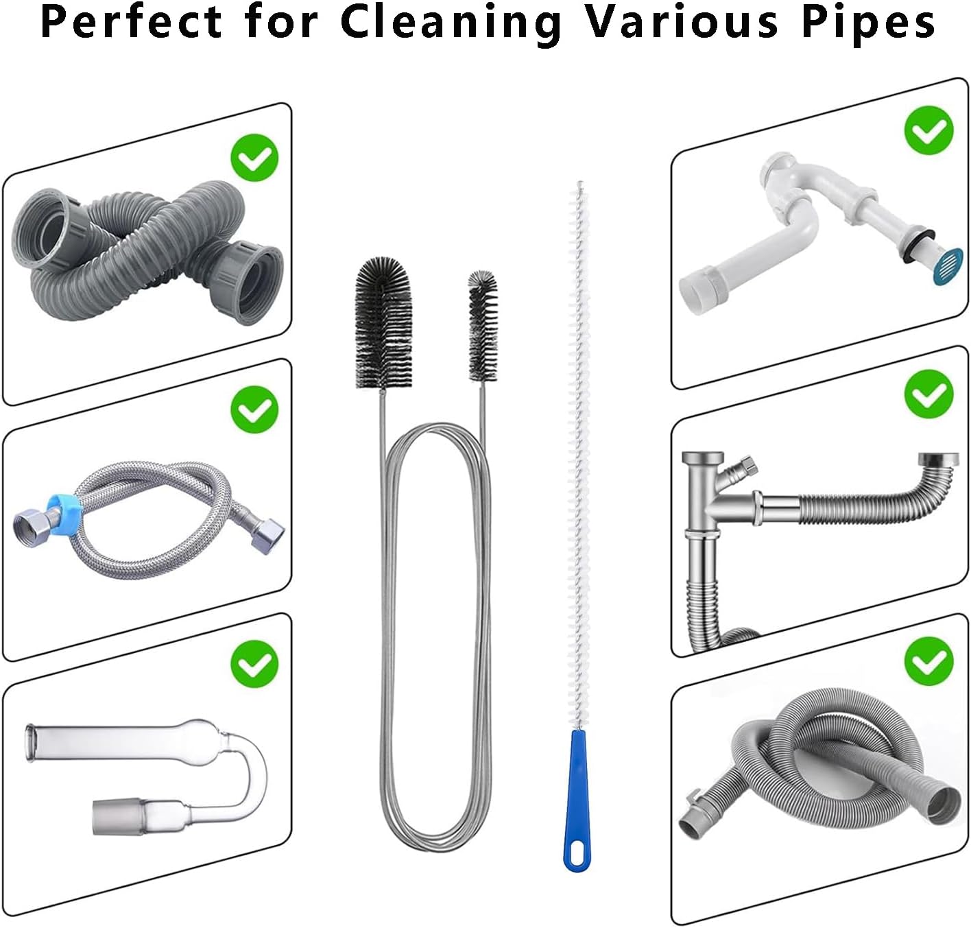 Flexible Extra Long Drain Brush, Drain Unblocker Tools,61 inch Pipe Cleaner Brush and 17.7 inch Sink Unblocker Tool, Double Ended Nylon for Curved Pipes and Slim Holes