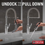 Delta Ermelo Pro Style Commercial Kitchen Faucet with Pull Down Sprayer, Chrome Single Hole Kitchen Sink Faucet, Single Handle, Chrome 18887-DST