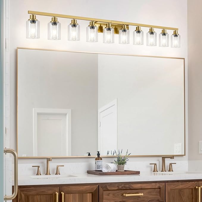 Gold Bathroom Vanity Light,10-Light Brushed Gold Bathroom Light Fixtures with Clear Glass,64.5in Wall Lamp Sconces for Mirror Bedroom,Living Room Hallway,E26