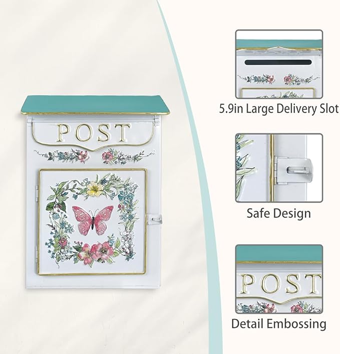 Mailbox Wall Mount Mailboxes for Outside Vintage Mail Boxes for House Outside Metal Drop Box Antique Style Nostalgic Charm Home Decorative, Butterfly Pattern, White