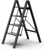 GameGem 4 Step Ladder Folding Step Stool with Anti-Slip Sturdy and Wide Pedal for Adults&Elderly, Aluminum Portable Lightweight Stepladder for Home Kitchen Office, Black, 330lbs