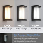 24W LED Outdoor Wall Lights 3 Color Exterior Wall Sconce Outside Light Fixtures Exterior Porch Wall Lighting with Double Shade, Modern Matte Black Wall Lamps for Patio Front Door Entryway, 1-Pack
