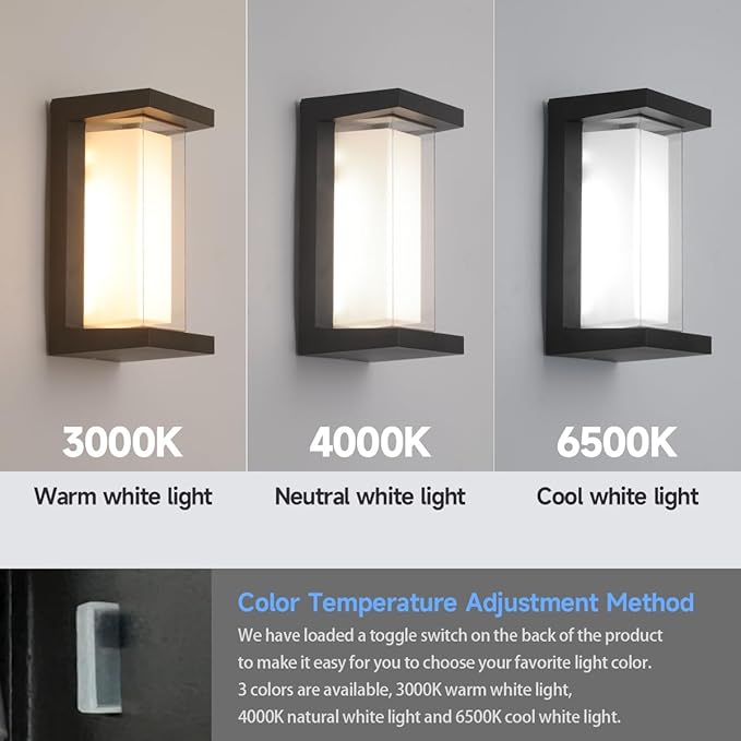 24W LED Outdoor Wall Lights 3 Color Exterior Wall Sconce Outside Light Fixtures Exterior Porch Wall Lighting with Double Shade, Modern Matte Black Wall Lamps for Patio Front Door Entryway, 1-Pack