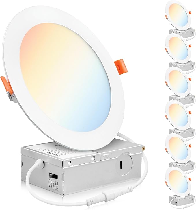 PARMIDA (6 Pack) 6 Inch Ultra-Thin LED Recessed Ceiling Light with Junction Box, 5CCT Color Selectable 2700K/3000K/3500K/4000K/5000K, 12W, Dimmable Canless Wafer Slim Panel Downlight, IC Rated, ETL