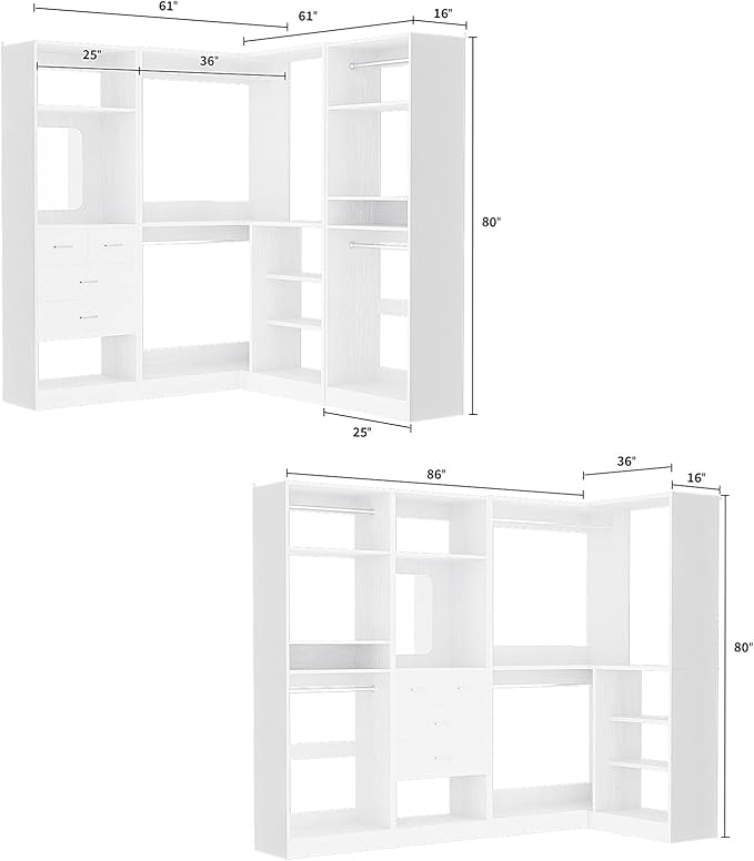 Unikito 86” Closet System, Large Corner Closets Organizer with Hanging Rods and Mirror Design, Freestanding Adjustable Wood Clothes Garment Rack with Drawers, Sturdy Walk in Closet Tower, White