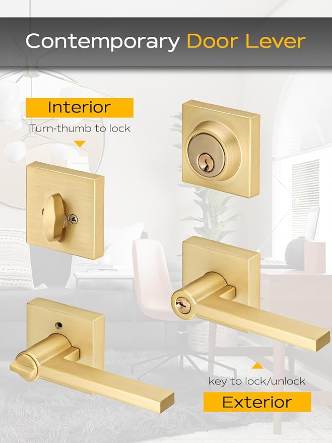 2 Sets Entry Door Handle and Single Cylinder Deadbolt Lock and Key Combo Pack - Heavy Duty Square Locking Lever Set - Interior/Exterior Door Levers in Satin Brass Finish