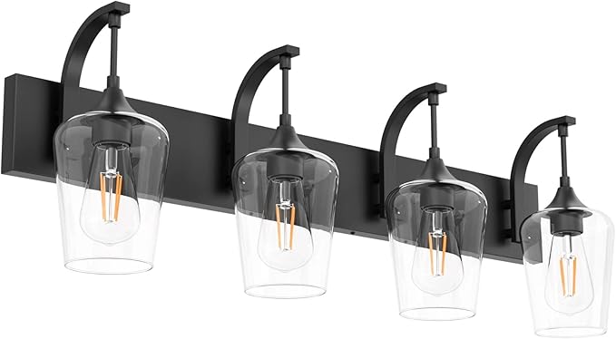 Ralbay Matte Black Bathroom Vanity Light 4-Lights Industrial Black Vanity Lights Clear Glass Vintage Edison Matte Black Wall Mount Light Fixtures for Bathroom