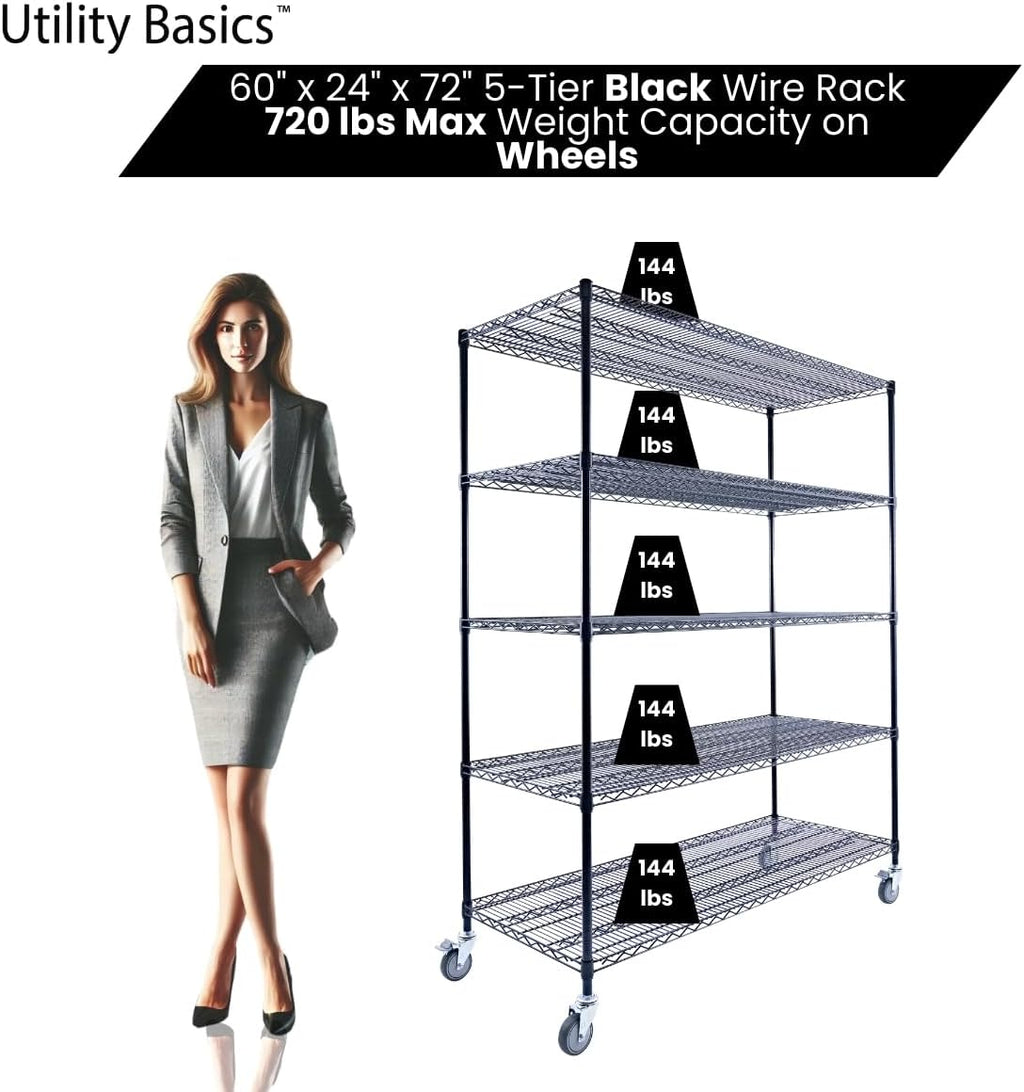 60"x24"x72" Black 5-Tier Premium Metal Wire Shelving NSF 4000 LBS MAX Capacity Heavy Duty Steel Storage Rack for Warehouse, Garage, Hospital, Commercial Space & School w/Premium Wheels