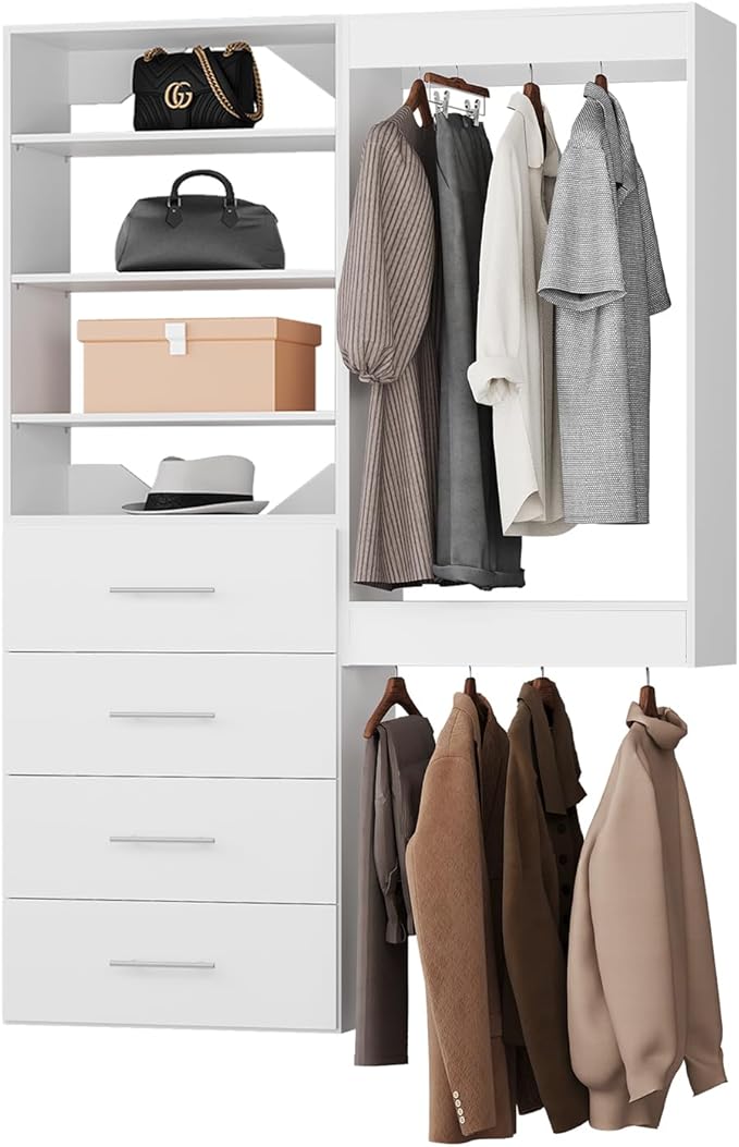 ROOMTEC Modular Closet System, 49" Wall-Mounted Closet Organizer with Drawers and Hanging Rods, Wooden Tower for Walk-In Closets, Wardrobe Storage Kit, White