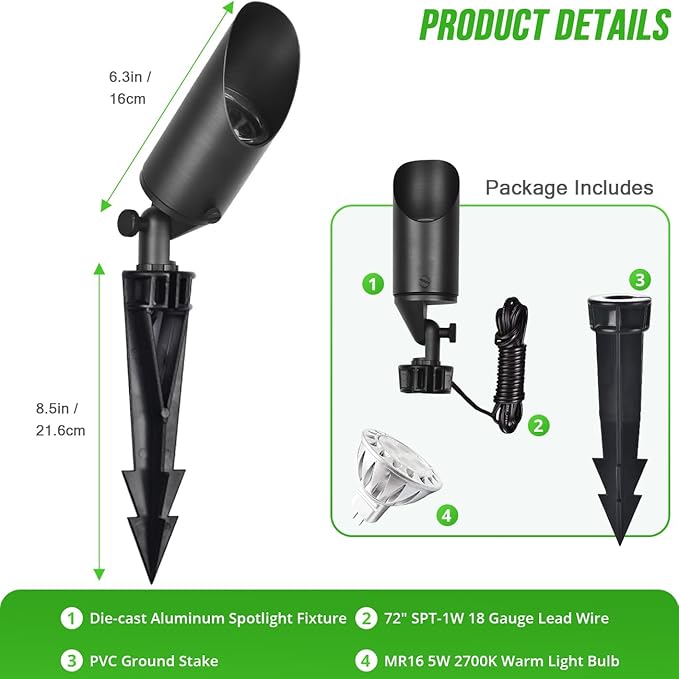 wowlite Landscape Spotlights 4 Pack, ETL Listed Low Voltage Spot Lights Outdoor with 5W MR16 Bulbs, 2700K Warm White Waterproof Up Lights with Ground Stake for House Trees Patio