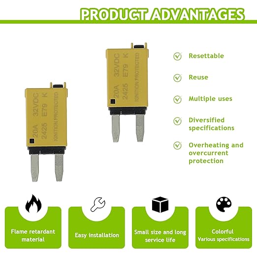 20A DC 12V-32V Manual Reset Circuit Breaker ATM Low Profile T1 Mini Blade Fuses Breakers for Car Trucks Marine Boat RV Solar and More,2 Pack