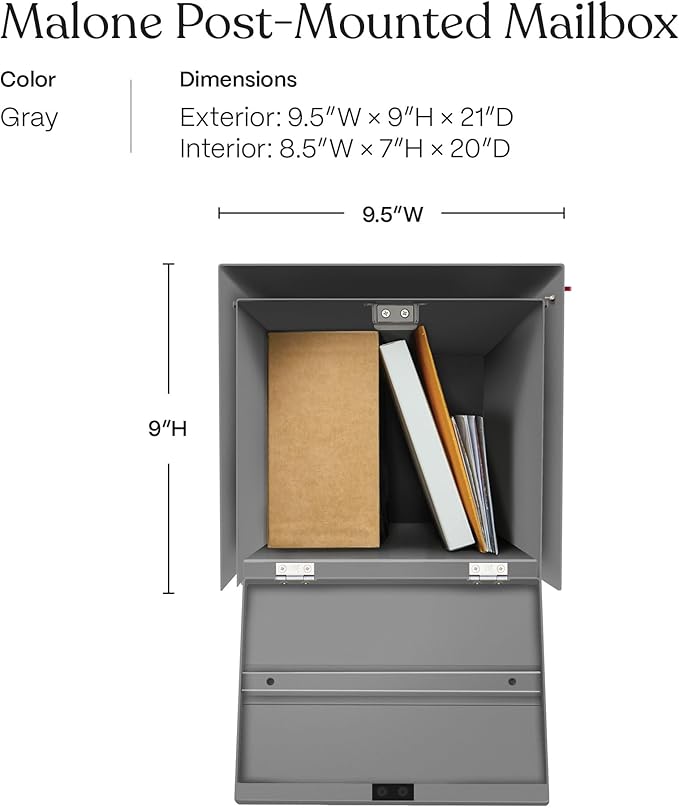 post & porch Malone Mailbox | Post Mounted Mailbox | Black/White/Gray/Brown/Red/Blue/Green, Regular or Large, Weatherproof Mail Box for Outside, Customizable (Gray, Regular)