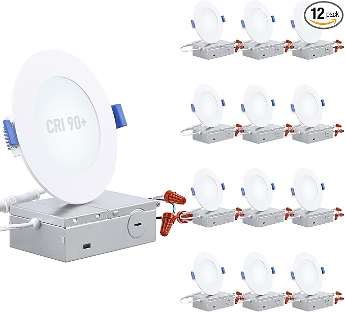 TORCHSTAR Basic Series 12-Pack 4 Inch Ultra-Thin LED Recessed Lighting with Junction Box, CRI90, Aluminum, 5000K Daylight, 5%-100% Dimmable Slim Recessed Downlight, 9W 810LM, ETL and Energy Star