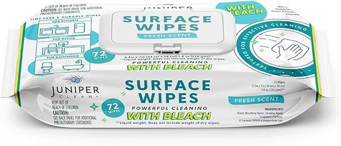 1 Pack Surface Wipes with Bleach, All-Purpose Cleaner for Bathroom, Kitchen, Office, 72 Count Soft Flow, Fresh Scent, Lint Free & Durable