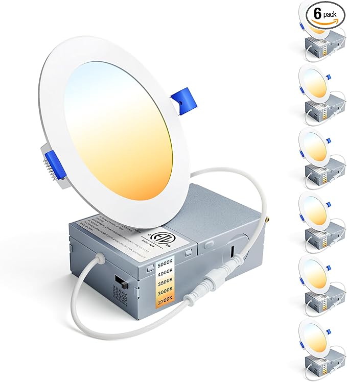 Ensenior 6 Pack 4 Inch LED Recessed Light, Dimmable, 2700K-5000K 5CCT, 750LM High Brightness, 9W 120V, Damp Rated, ERL-9X-ETL, Ultra-Thin Canless Wafer Ceiling Light - ETL & FCC & IC