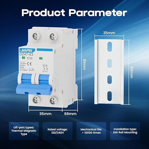 AC Miniature Circuit Breaker, 120V/240V 2 Pole 10 Amp DIN Rail Mount Circuit Breaker, MCB C10 Solar AC Disconnect Switch,Thermal Magnetic Trip