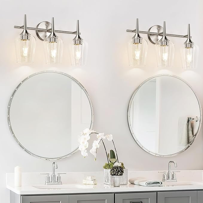 3-Light Bathroom Light Fixtures, 19.5 in Brushed Nickle Vanity Lights for Bathroom with Clear Glass, Bathroom Lighting Fixtures Over Mirror, Modern Wall lamp for Cabinet Hallway