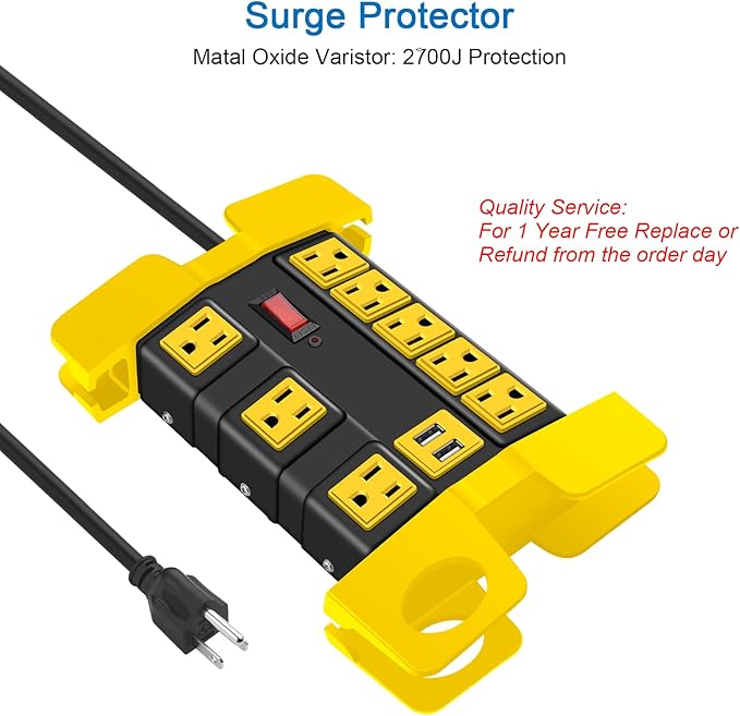 CCCEI Heavy Duty Power Strip with USB, Workshop 8 Outlet Surge Protector 2700 Joules, Industrial Metal 15Amp Power Strip, 20 FT Extension Cord and Wide Spaced Black.