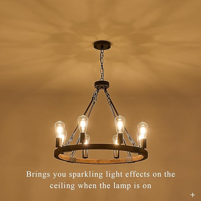 Farmhouse Wooden Wagon Wheel Chandelier 8 Lights 23.6'' Rustic Black Metal Light Fixtures Vintage Wood Round Chandelier for Living Dining Room Kitchen Entryway Foyer