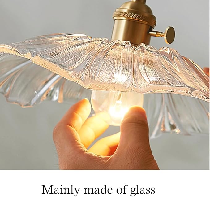 Glass Pendant Lights Full Brass Modern Pendant Lighting Fixture 11 Inch with Rippled Transparent Shade Adjustable Hanging Lamp for Dining Room and Kitchen Island