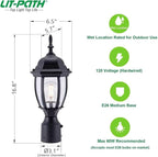 LIT-PaTH Dusk to Dawn Outdoor Post Lighting Fixture Pole Lantern, E26 Medium Base Max 60W, Aluminum Housing Plus Glass, Bulb Not Included (Black, 1-Pack)